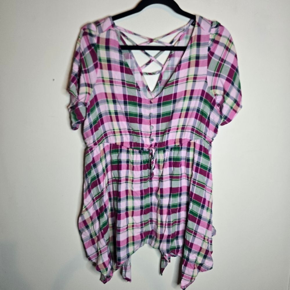 Torrid baby doll sharkbite hem pink and green plaid top 00